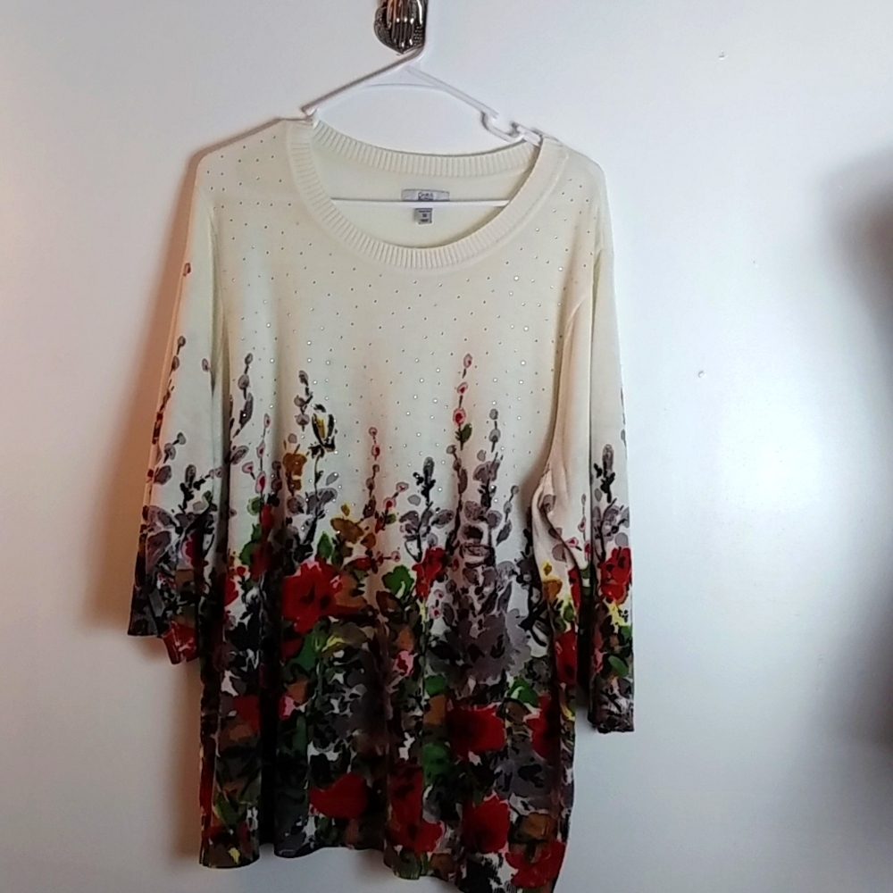 Croft & Barrow White Gemstones Floral 3/4 Sleeve light weight sweater si…